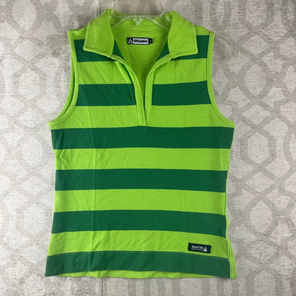 Gaastra Nautical Sleeveless Polo Womens Medium Green Striped V-Neck Cotton Top